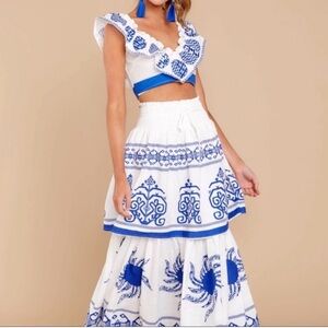 Red dress boutique- Blue and White Women's Skirt and top set